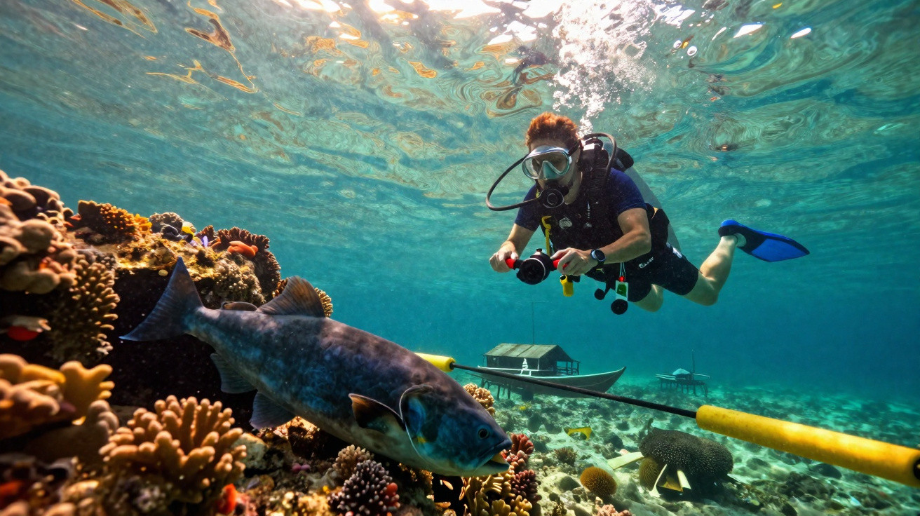 Mergulhador com equipamento e câmara explora recife de coral com peixe grande e barcos no fundo.