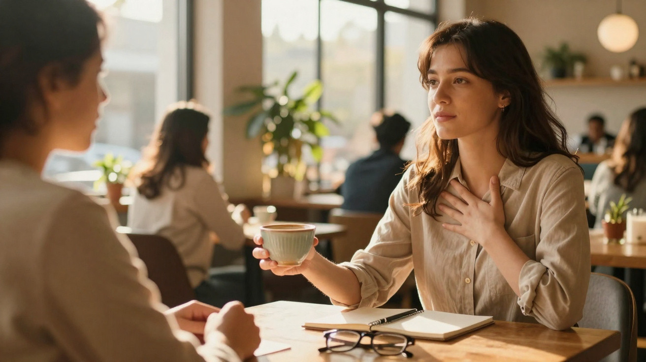 Duas mulheres sentadas num café, uma a oferecer uma chávena enquanto conversa com a outra.