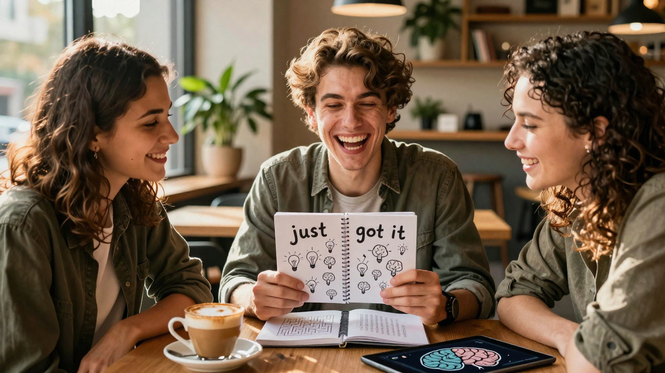 Jovens felizes a estudar juntos, um segura caderno com "just got it" e desenhos de lâmpadas.