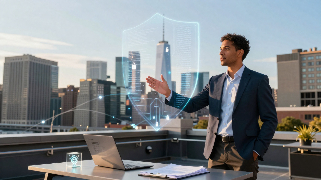 Homem em fato junto a computador portátil com escudo digital holográfico representando segurança, em terraço urbano.