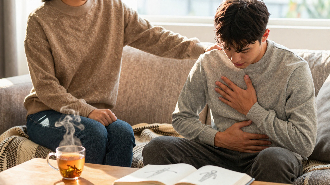 Pessoa jovem sentada com mãos na barriga, outra confortando-a no sofá, chá quente numa mesa.