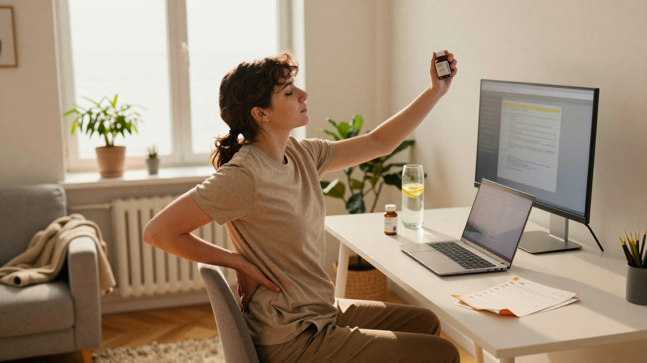Mulher sentada a trabalhar em computador, com dor nas costas, segura frasco de comprimidos junto a mesa.