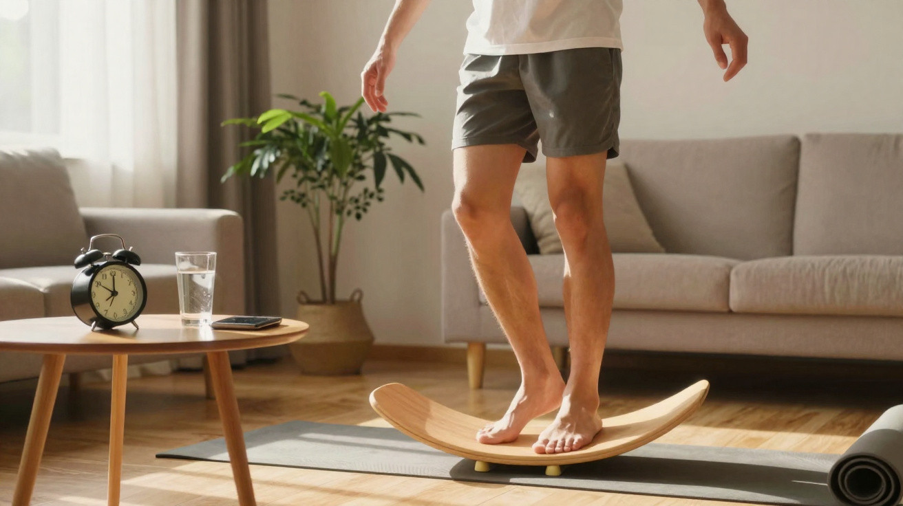 Pessoa descalça a equilibrar-se numa prancha de equilíbrio numa sala de estar com sofá e mesa com despertador.