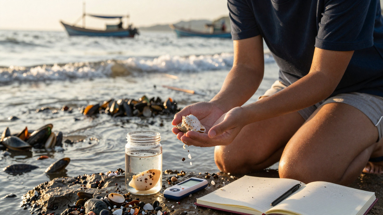 Pessoa sentada na praia a segurar conchas, com frasco de água, caderno aberto e barcos ao fundo.