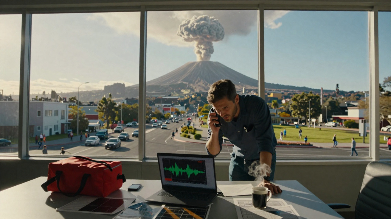 Pessoa ao telefone com laptop e chá numa sala com vista para vulcão em erupção na cidade.