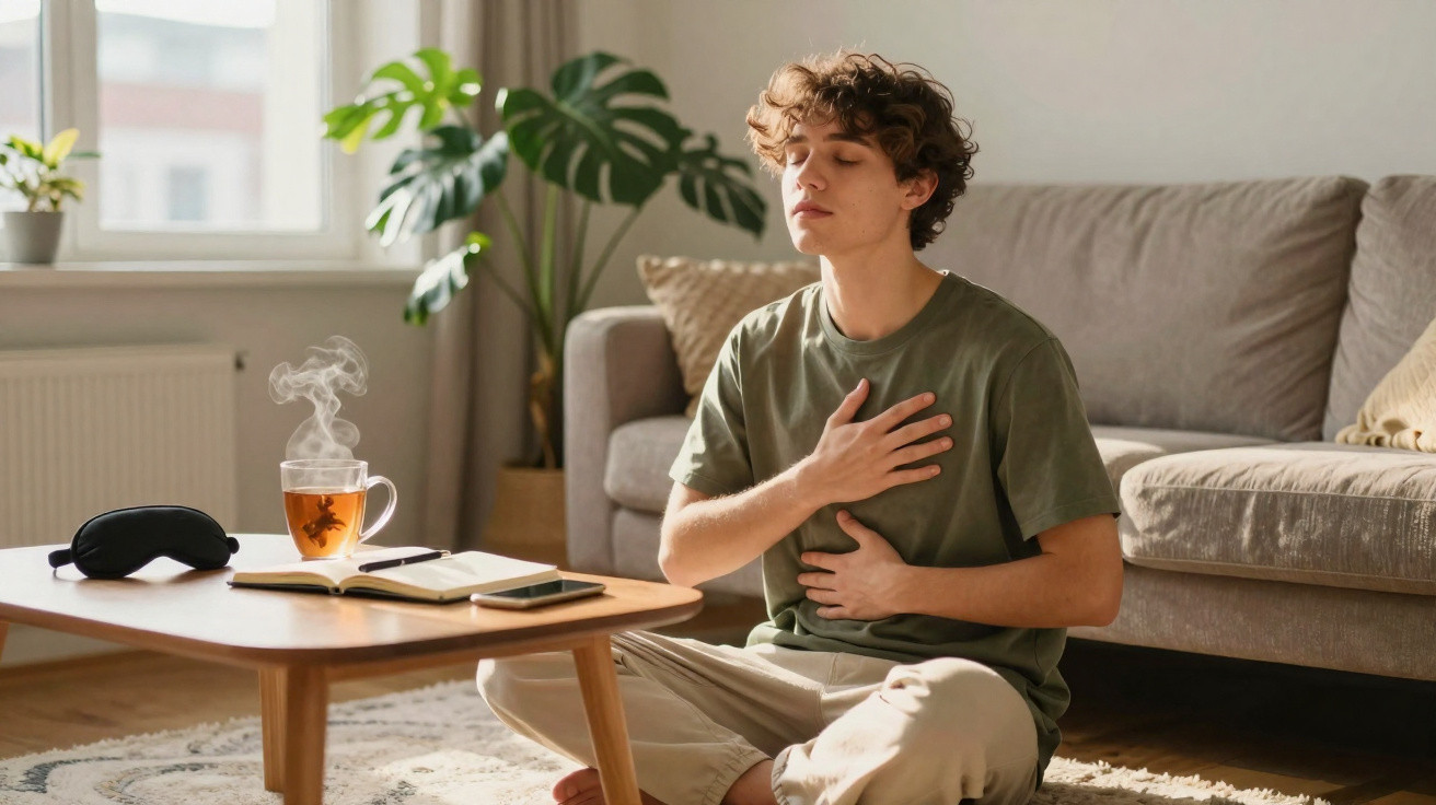 Homem sentado no chão a meditar com olhos fechados numa sala iluminada e chá numa mesa à frente.