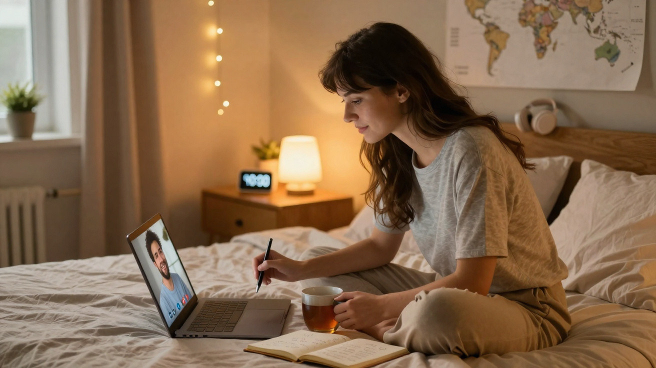 Mulher sentada na cama com chá e caderno, a fazer videochamada com um homem no laptop, num quarto acolhedor.