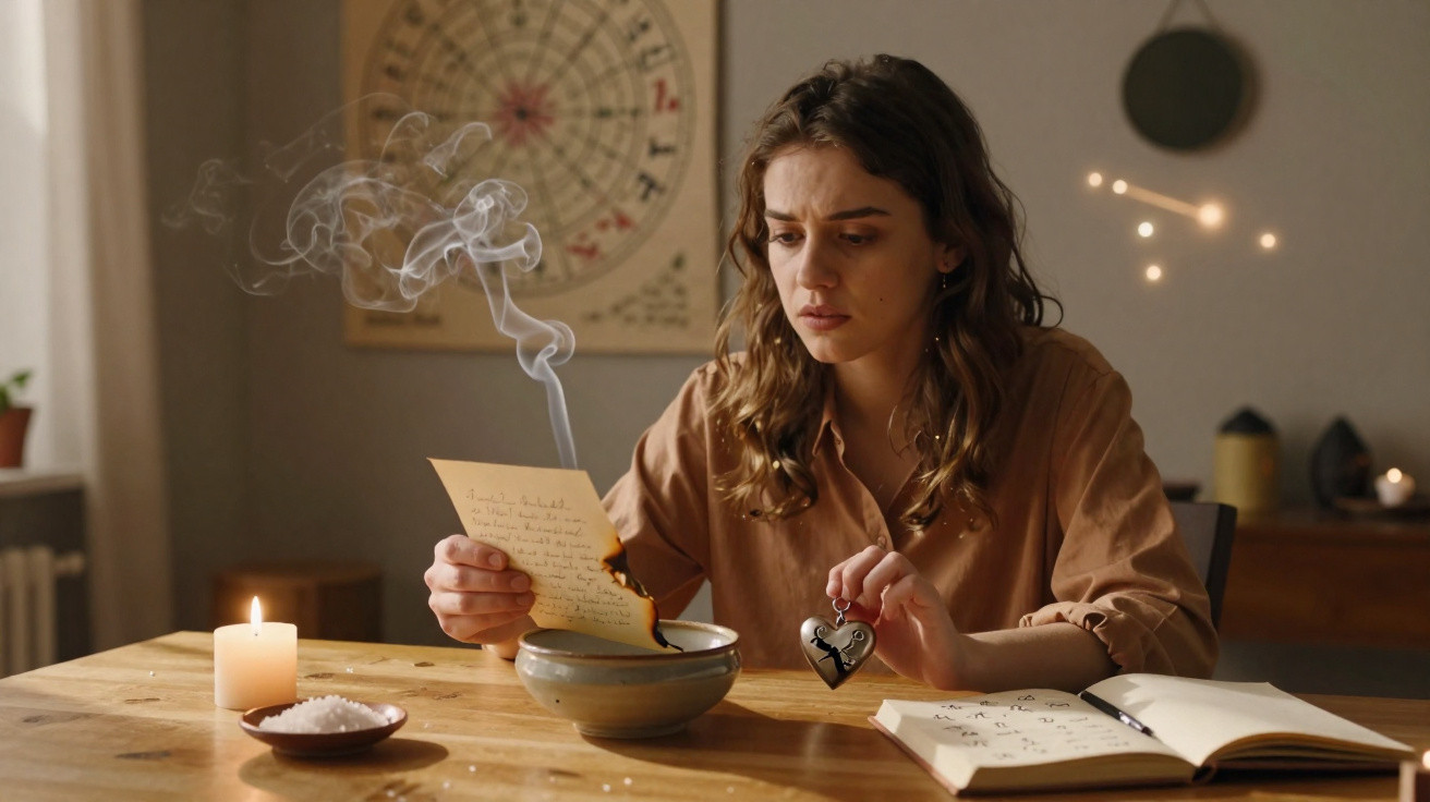 Mulher a queimar uma carta com fumaça a subir, segurando um relicário partido, à mesa com vela e caderno aberto.