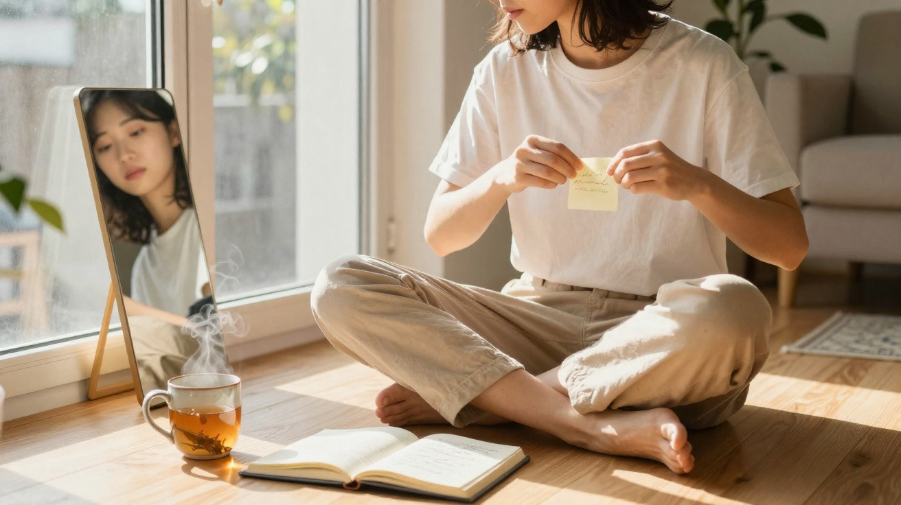 Mulher sentada no chão a fazer anotações, com chá e livro aberto num ambiente iluminado e tranquilo.