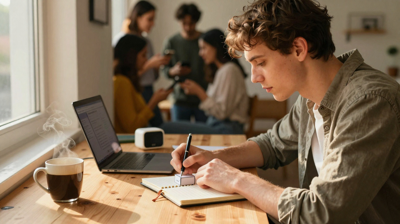 Jovem a trabalhar num caderno com computador à sua frente e grupo a conversar ao fundo numa sala luminosa.
