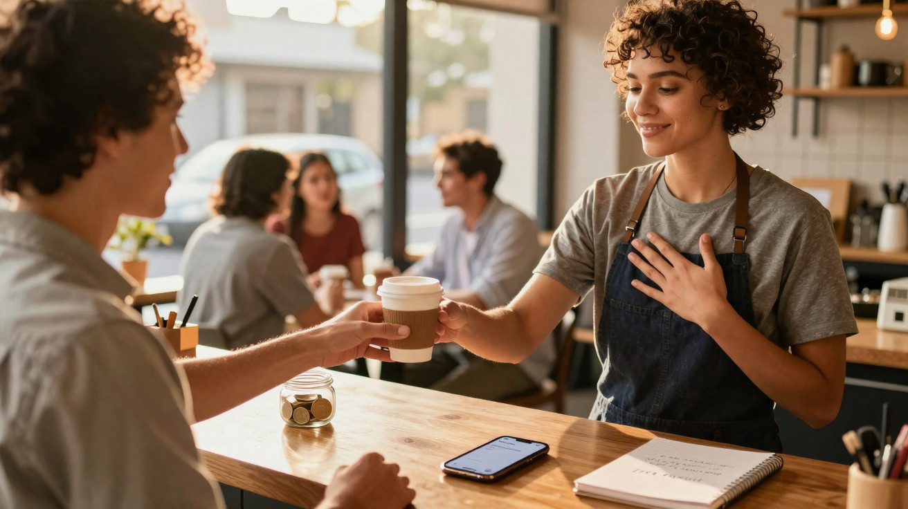 Barista entrega café a cliente num café acolhedor com pessoas a conversar ao fundo.