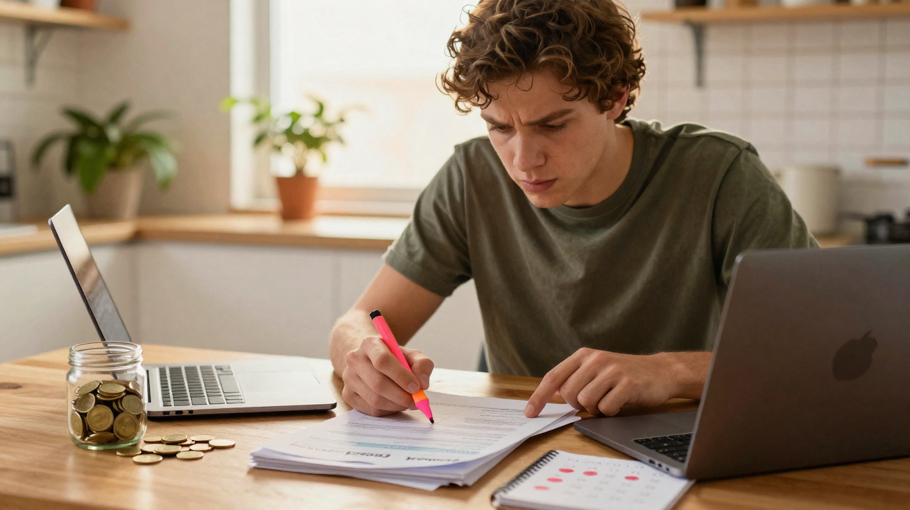 Jovem a analisar documentos e a fazer anotações numa mesa com dois computadores portáteis e moedas.