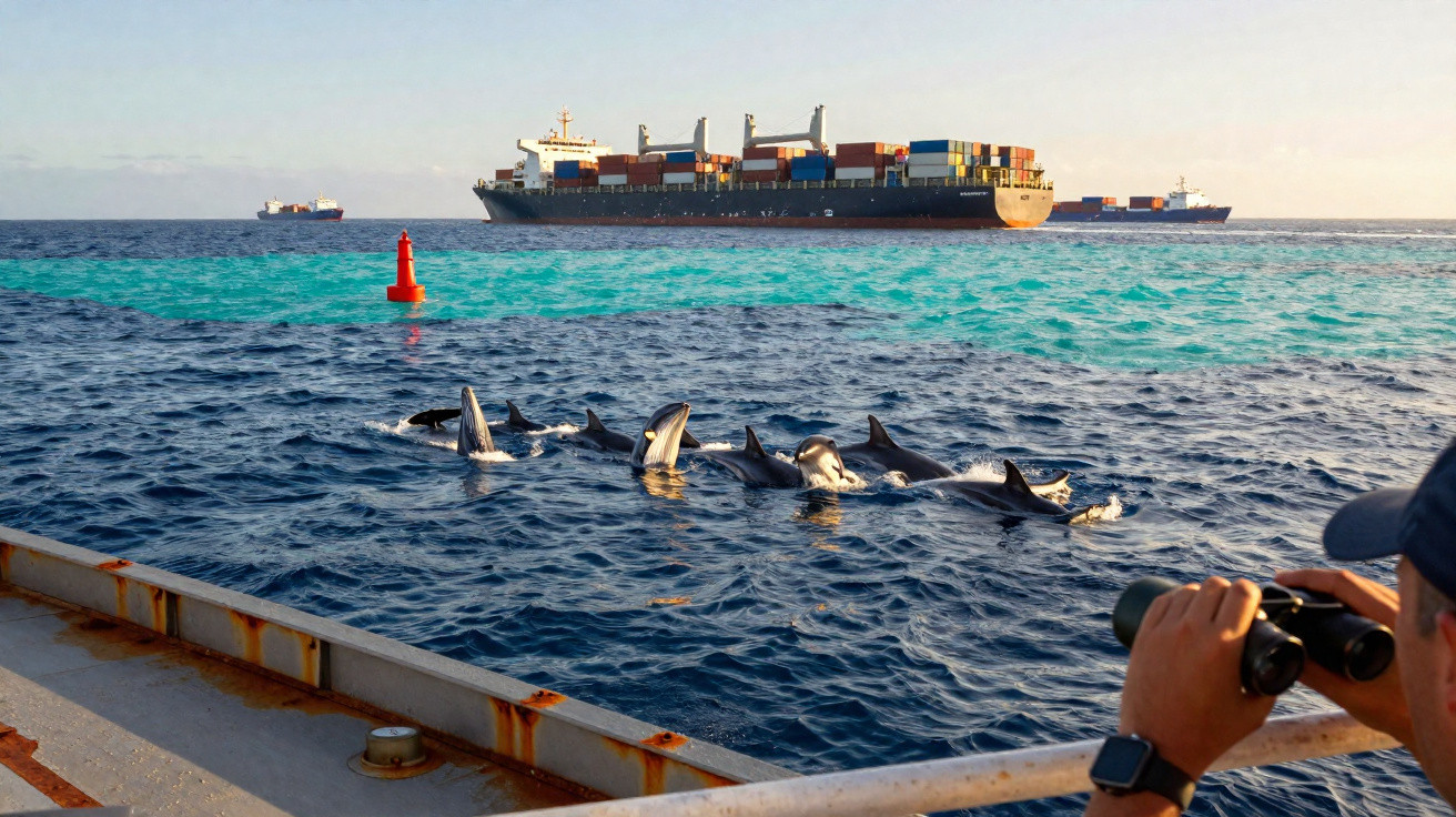 Grupo de golfinhos a nadar perto de um navio porta-contentores, visto por uma pessoa com binóculos.