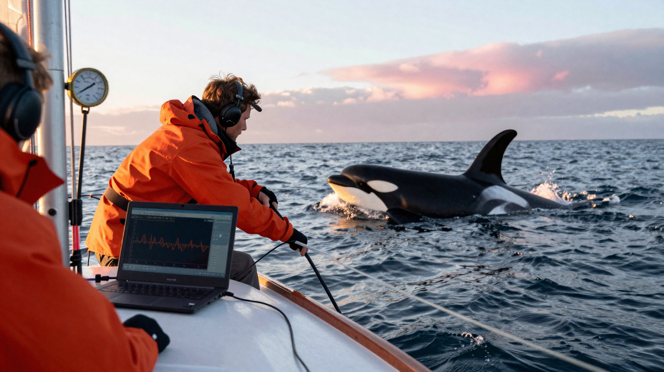 Dois pesquisadores num barco observam e monitorizam uma orca que nada perto deles ao pôr do sol no mar.