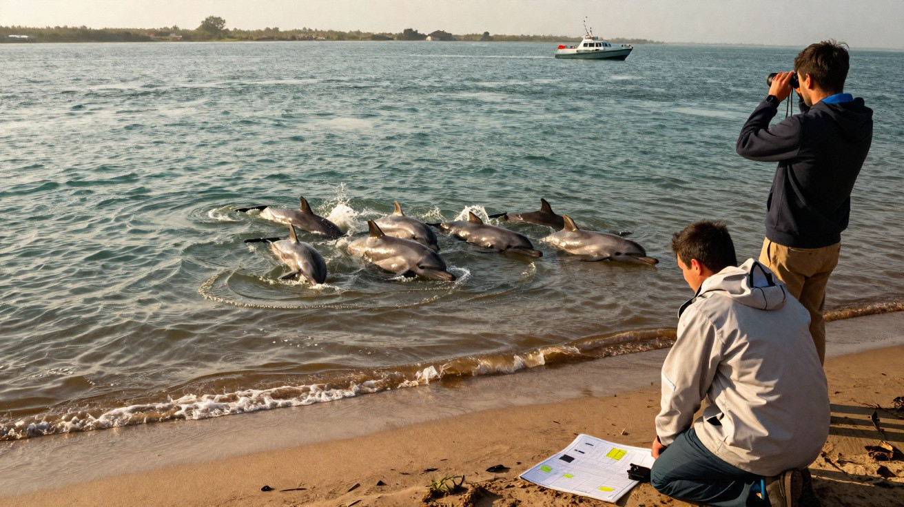 Delfins junto à margem observados por dois homens, um com binóculos, mais um barco ao fundo no mar.