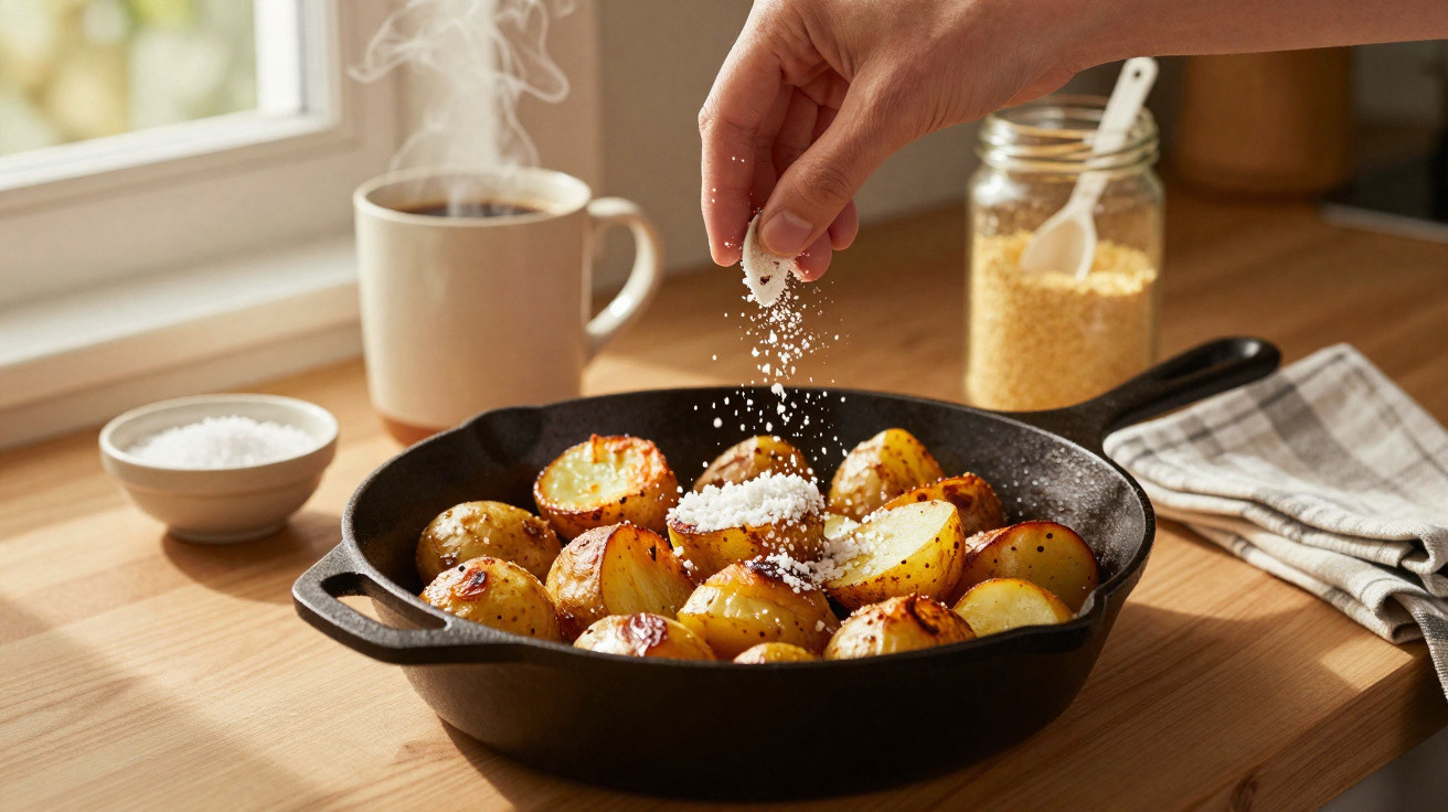 Mão polvilha sal em batatas assadas numa frigideira de ferro numa bancada de madeira junto a chávena de chá fumegante.