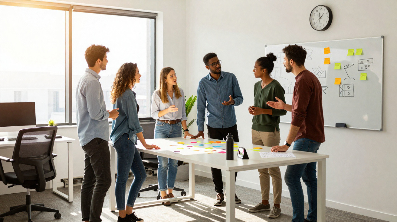 Grupo de seis jovens a discutir ideias junto a uma mesa com post-its numa sala de escritório moderna.