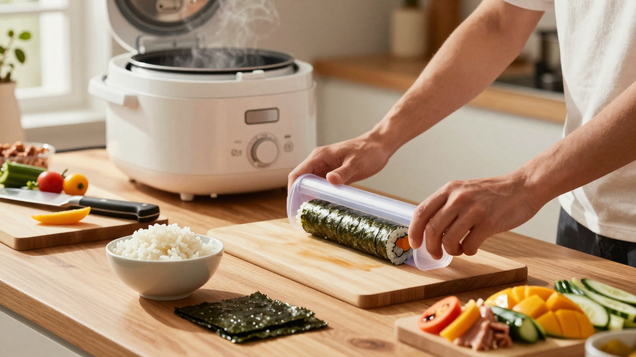 Pessoa a enrolar sushi numa esteira plástica numa cozinha com ingredientes e panela de arroz ao fundo.