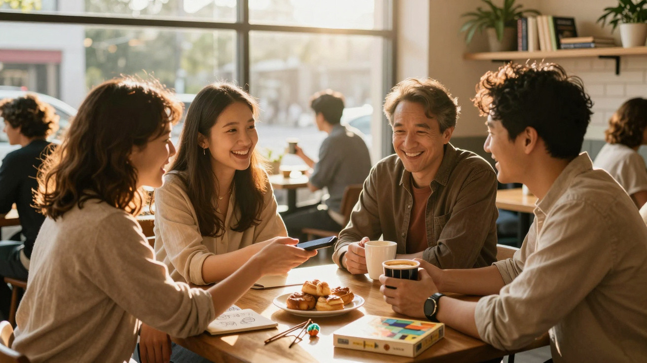 Quatro amigos sentados sob luz natural numa mesa de café, a sorrirem e a beber café juntos.