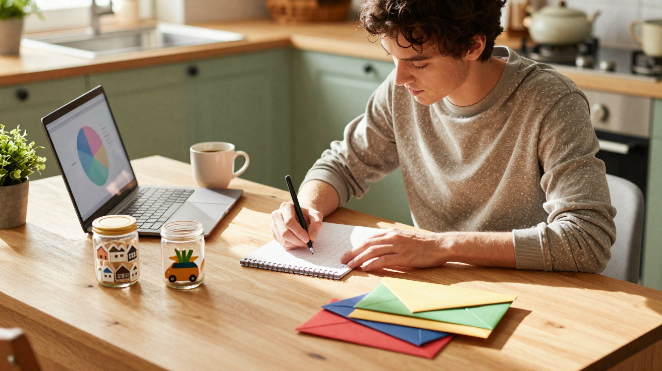 Homem jovem sentado à mesa a escrever num caderno com portátil, caneca e envelopes coloridos à sua frente.