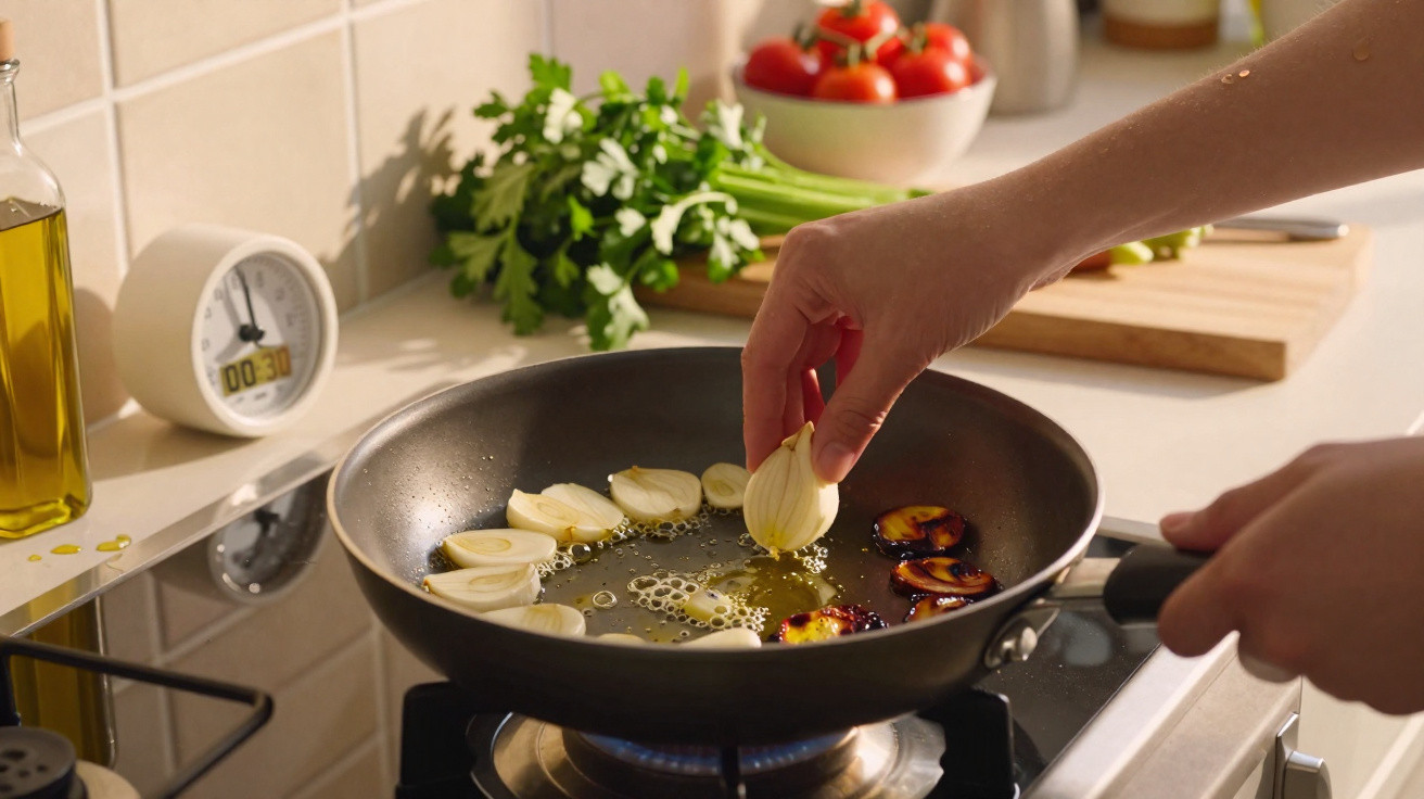 Mão a cozinhar alho e cogumelos numa frigideira com azeite num fogão a gás.