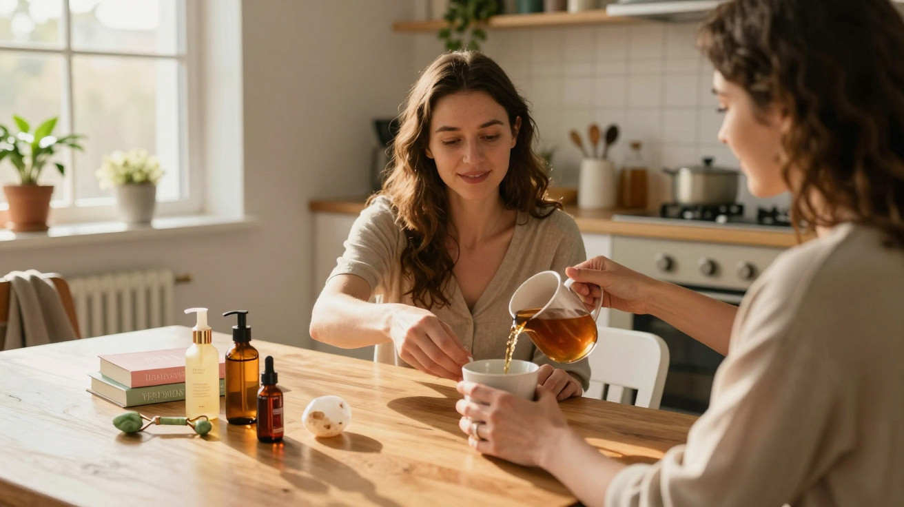 Duas mulheres sentadas numa mesa de cozinha, uma a servir chá para a outra, com produtos de beleza sobre a mesa.