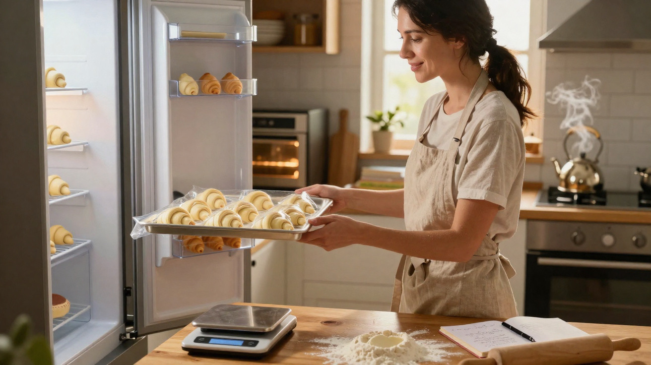 Mulher a guardar tabuleiro com croissants de massa crua no frigorífico numa cozinha moderna.