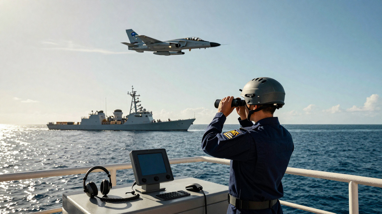 Militar observa avião de caça com binóculos no convés de um navio de guerra no mar.