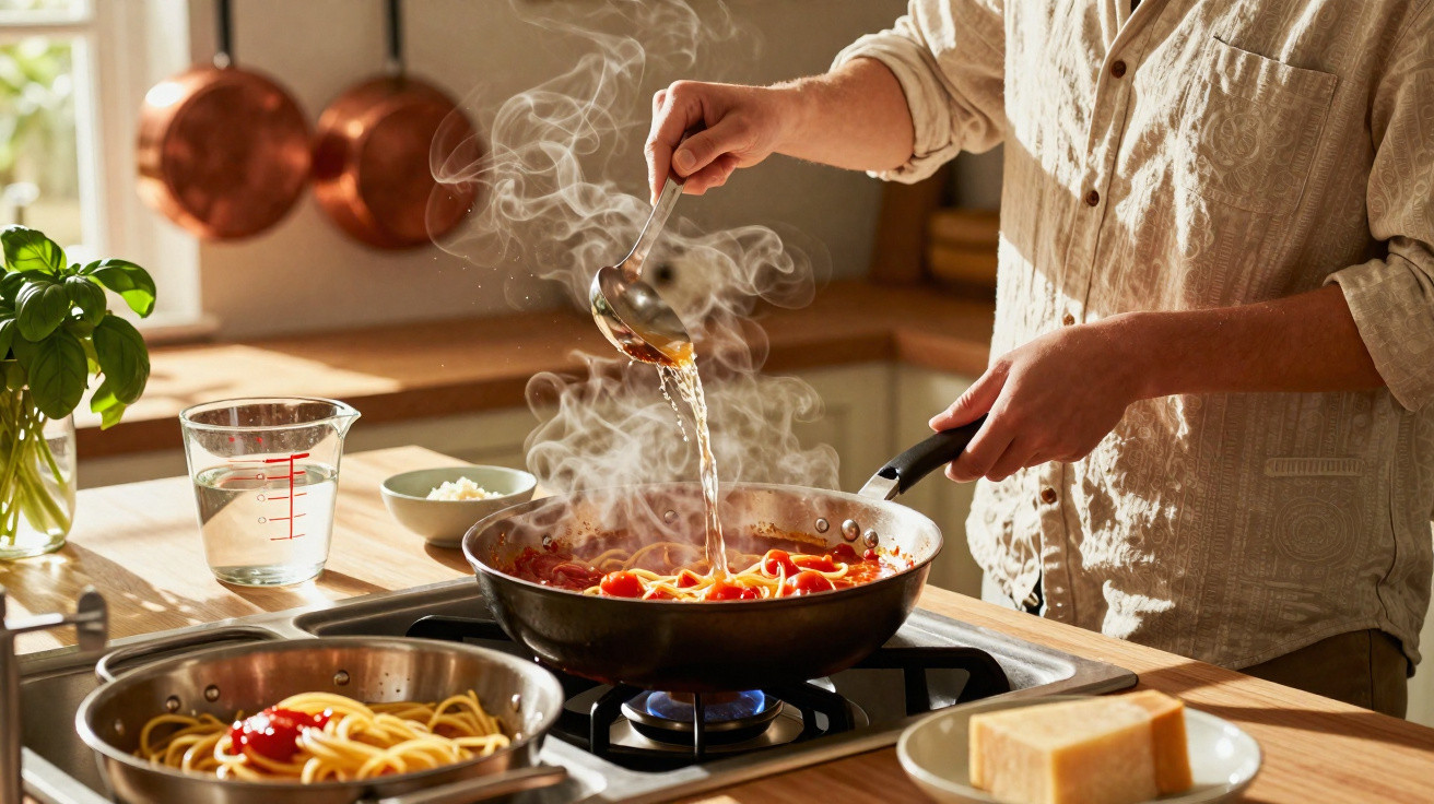 Pessoa a cozinhar esparguete com molho de tomate numa panela em fogão a gás numa cozinha luminosa.