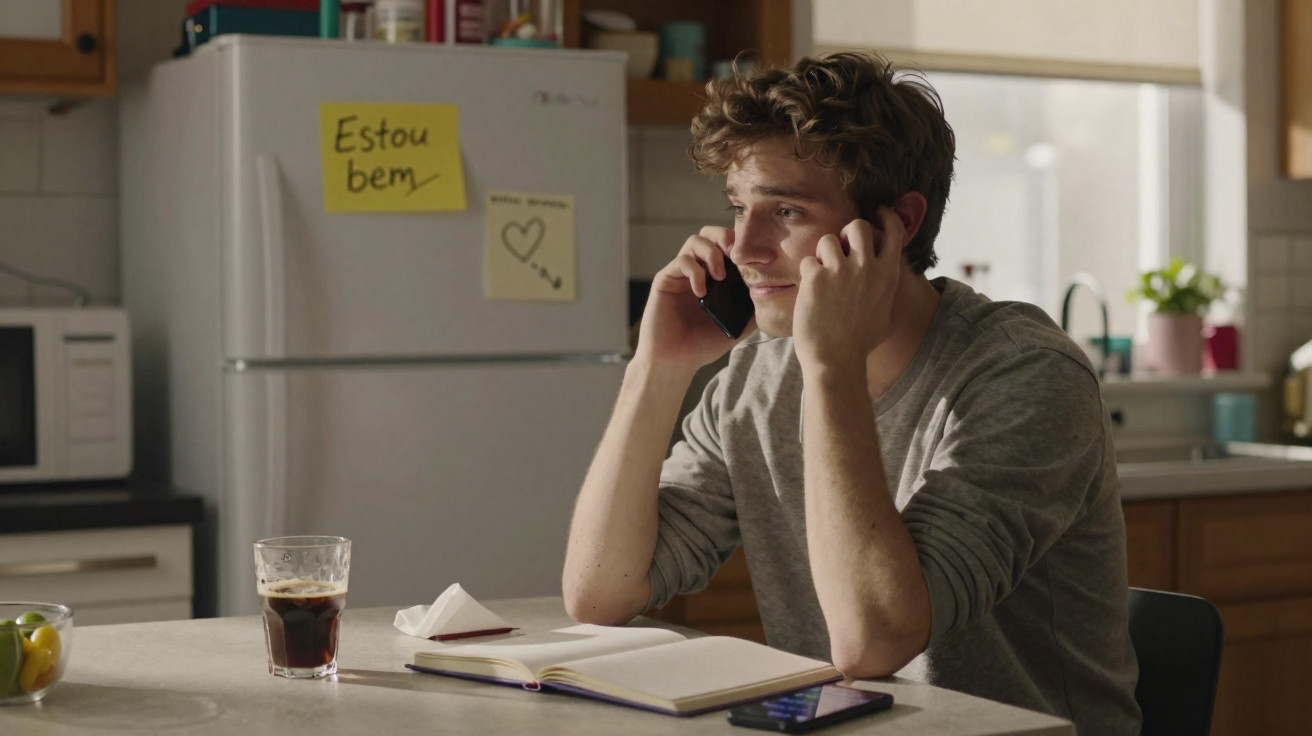 Jovem sentado à mesa da cozinha falando ao telefone, com caderno e telemóvel à sua frente.