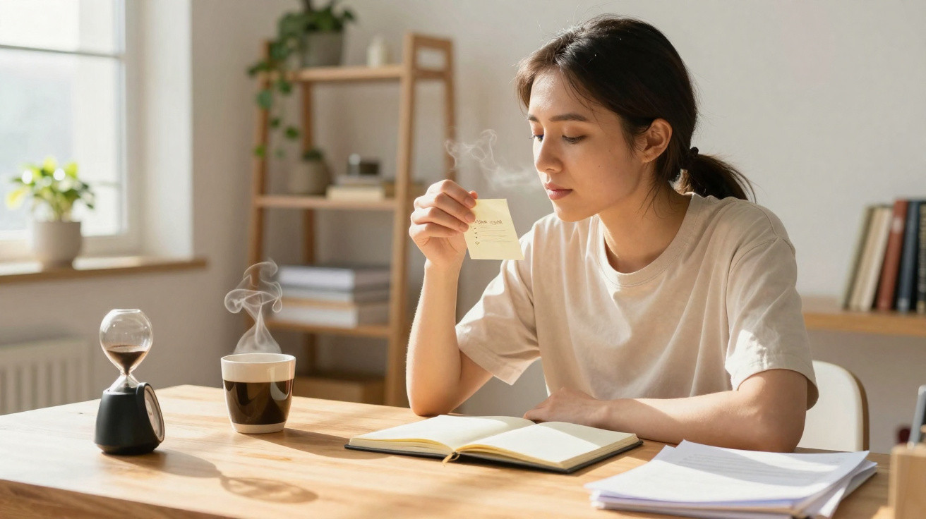 Mulher sentada a estudar, lendo nota enquanto café quente e ampulheta estão na mesa de madeira.