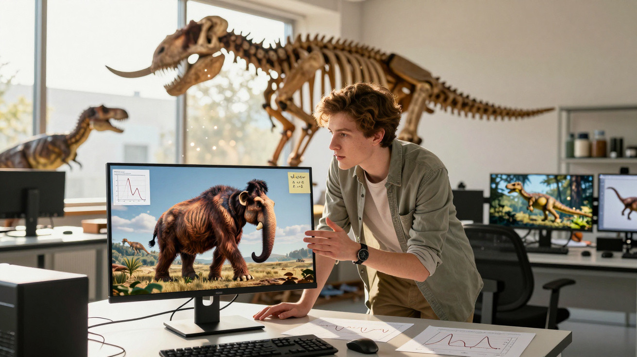 Jovem a estudar imagens de mamute e dinossauros em computador numa sala com esqueletos pré-históricos.