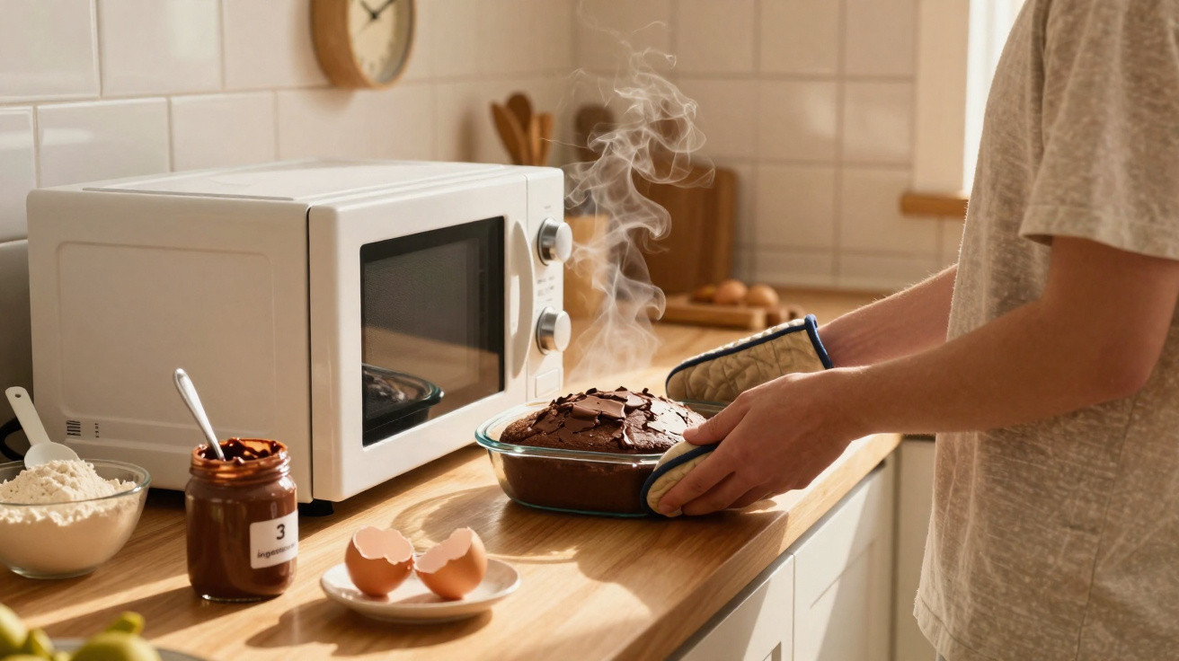 Pessoa a retirar bolo de chocolate fumegante do forno de micro-ondas numa cozinha luminosa e arrumada.