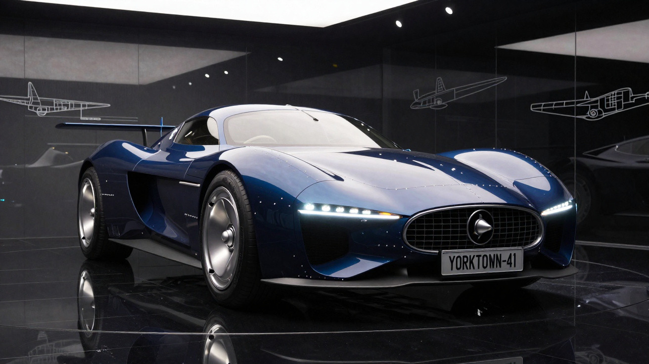 Automóvel desportivo azul metálico em exposição com luzes LED e reflexos no chão preto brilhante.