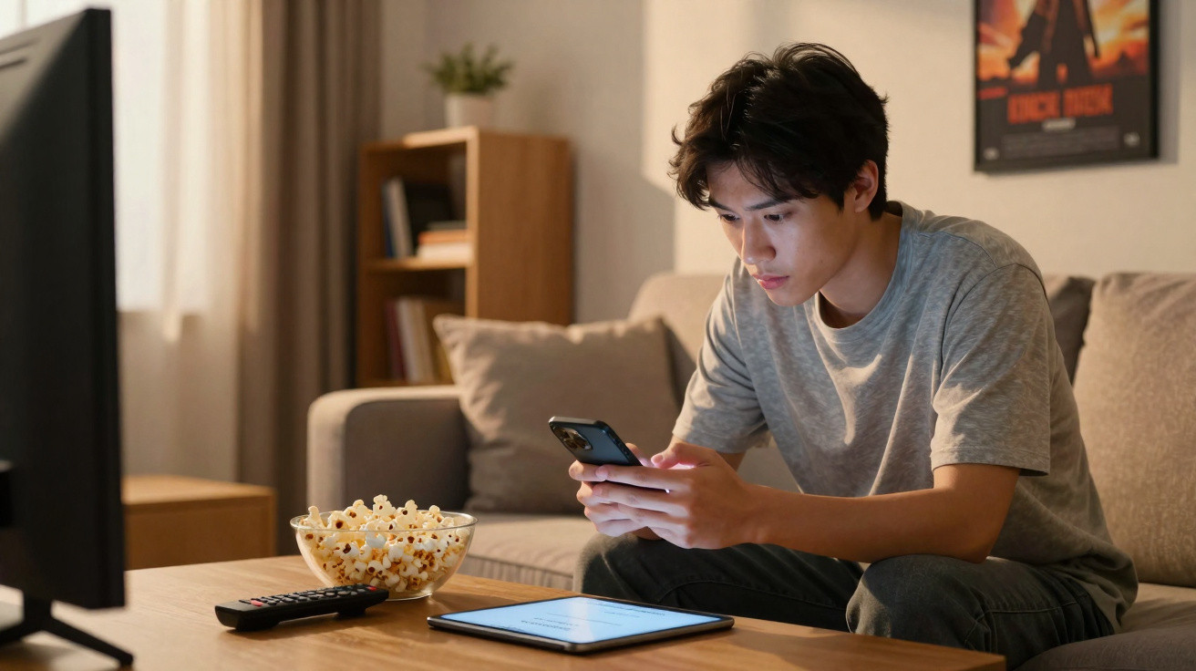 Jovem sentado no sofá a usar telemóvel, com tablet, comando e tigela de pipocas na mesa à frente.
