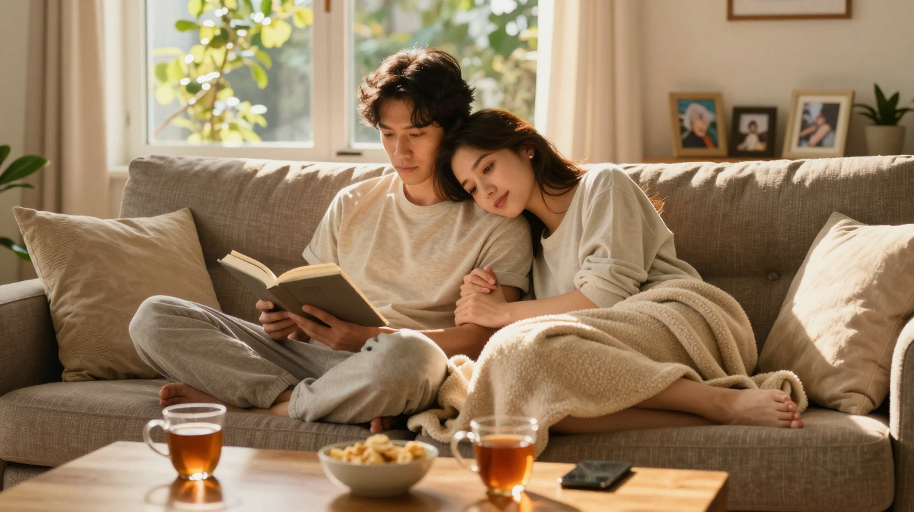 Casal sentado num sofá com manta, ele a ler um livro e ela encostada a ele, com chá e snacks na mesa.