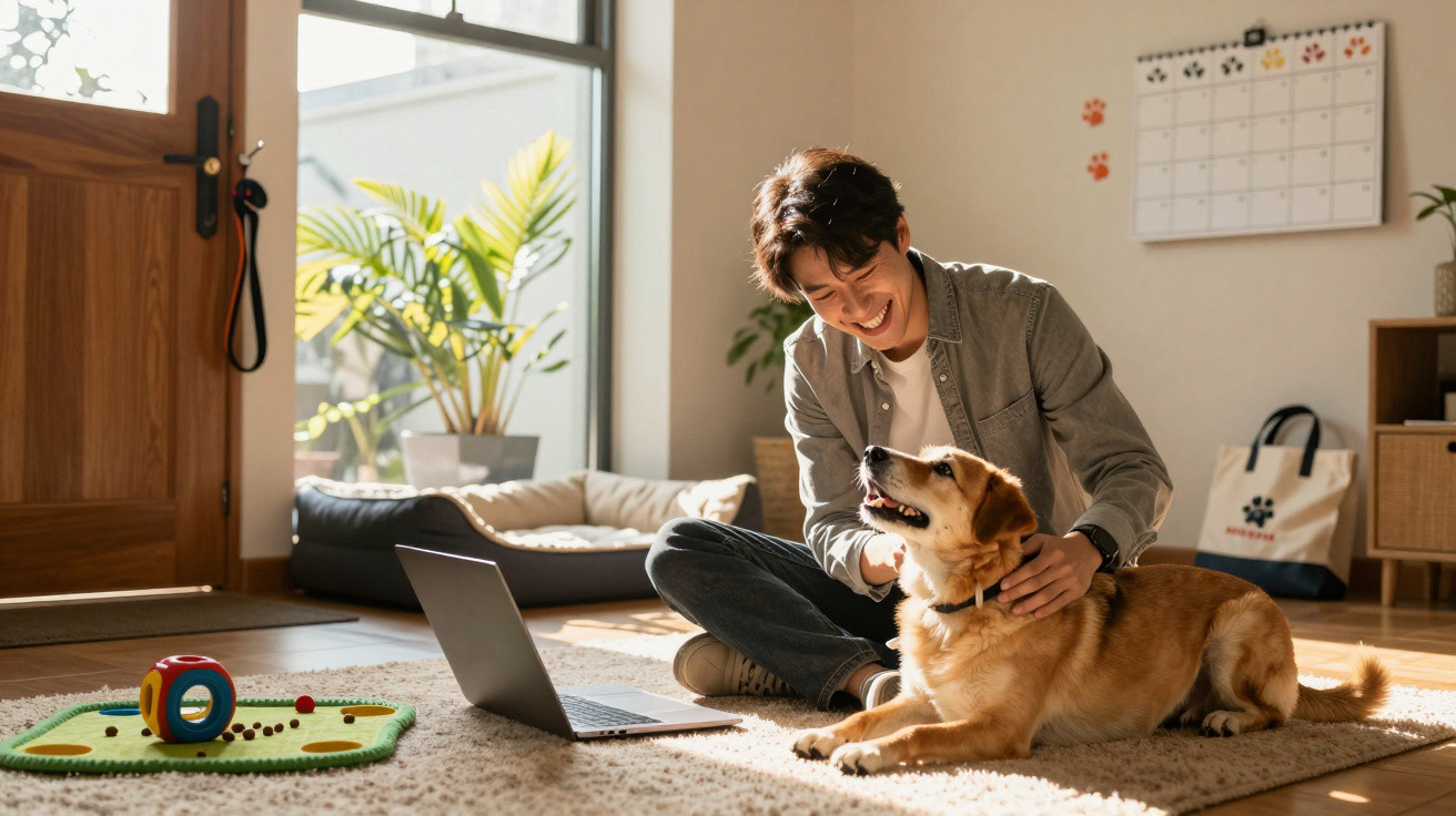Jovem sentado no chão a brincar e acariciar um cão ao lado de computador portátil numa sala iluminada.