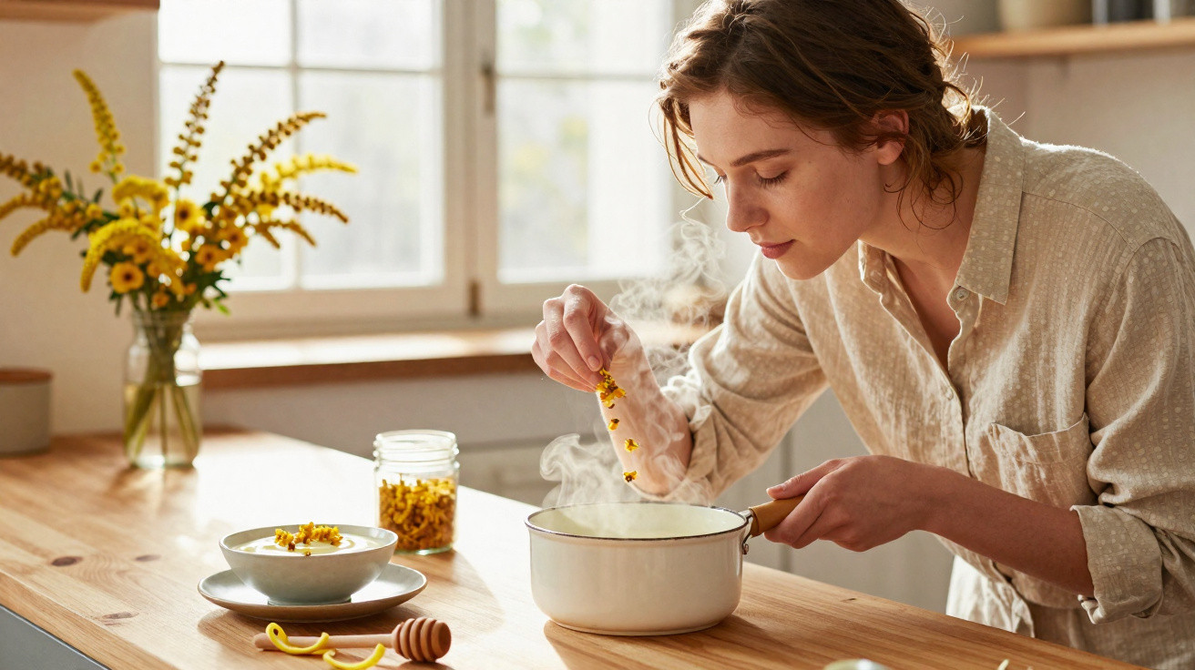 Mulher a cozinhar numa panela branca, adicionando flores amarelas enquanto prepara uma receita na cozinha.