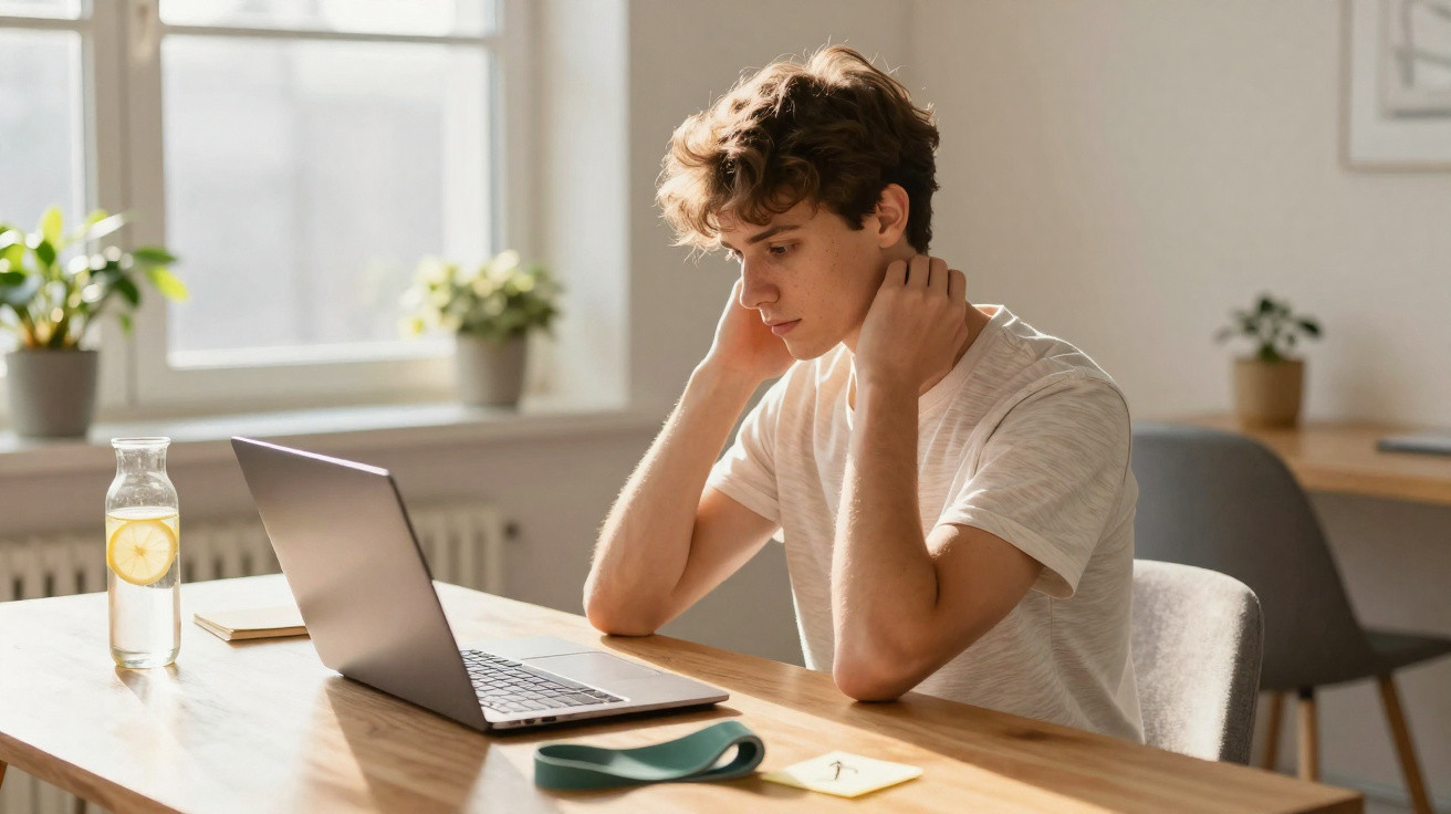 Jovem sentado a trabalhar num computador portátil numa mesa com garrafa de água e plantas ao fundo.