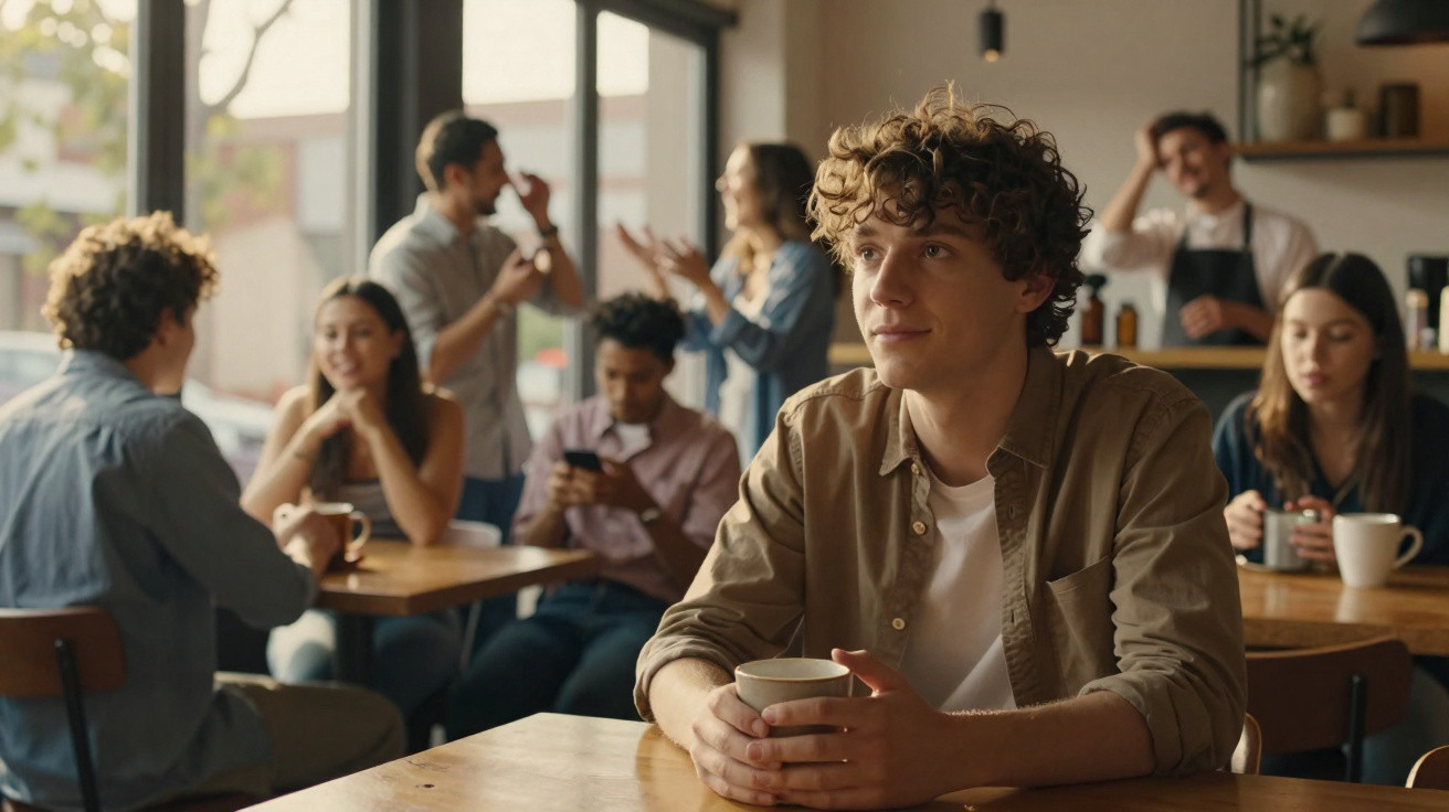 Jovem sentado sozinho com chá numa mão numa cafetaria movimentada e iluminada por luz natural.