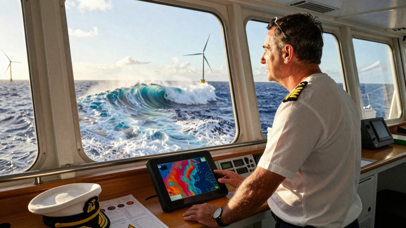 Homem em uniforme naval observa turbinas eólicas no mar através da janela de um barco, com equipamento tecnológico à frente.