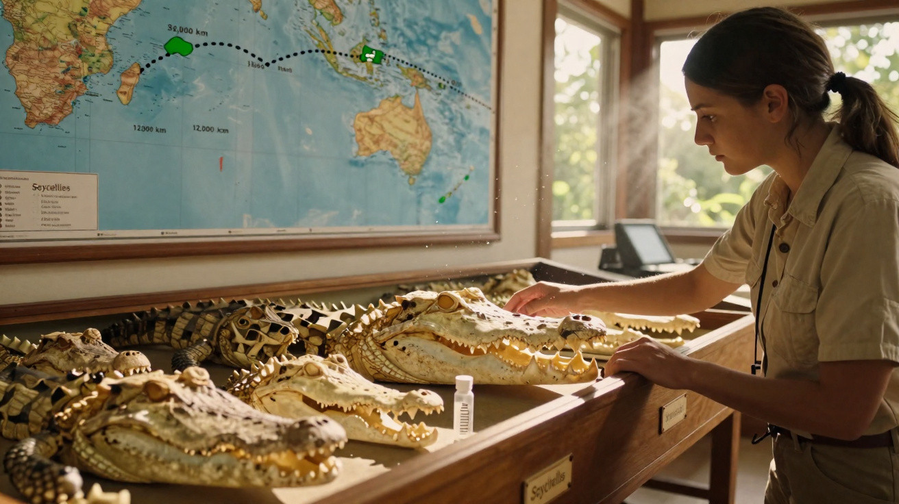 Mulher examina cabeças de jacarés empalhadas numa mesa com mapa do mundo ao fundo.