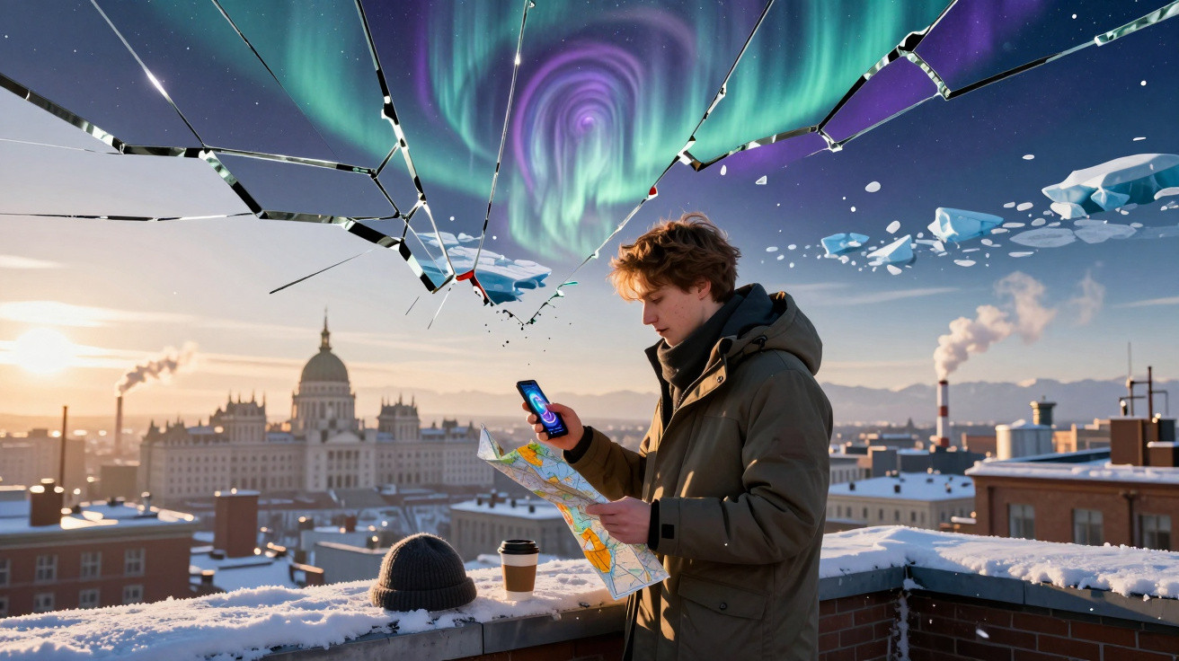 Jovem com mapa e telemóvel num terraço de cidade nevada sob céu estrelado com aurora boreal e efeito de vidro partido.