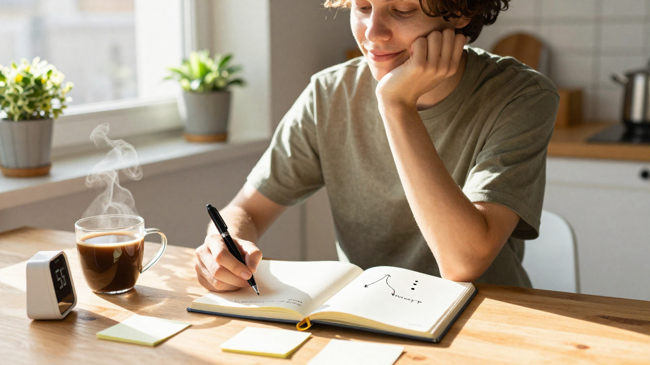 Pessoa a escrever num caderno à luz natural, com uma chávena de café fumegante e notas adesivas na mesa.