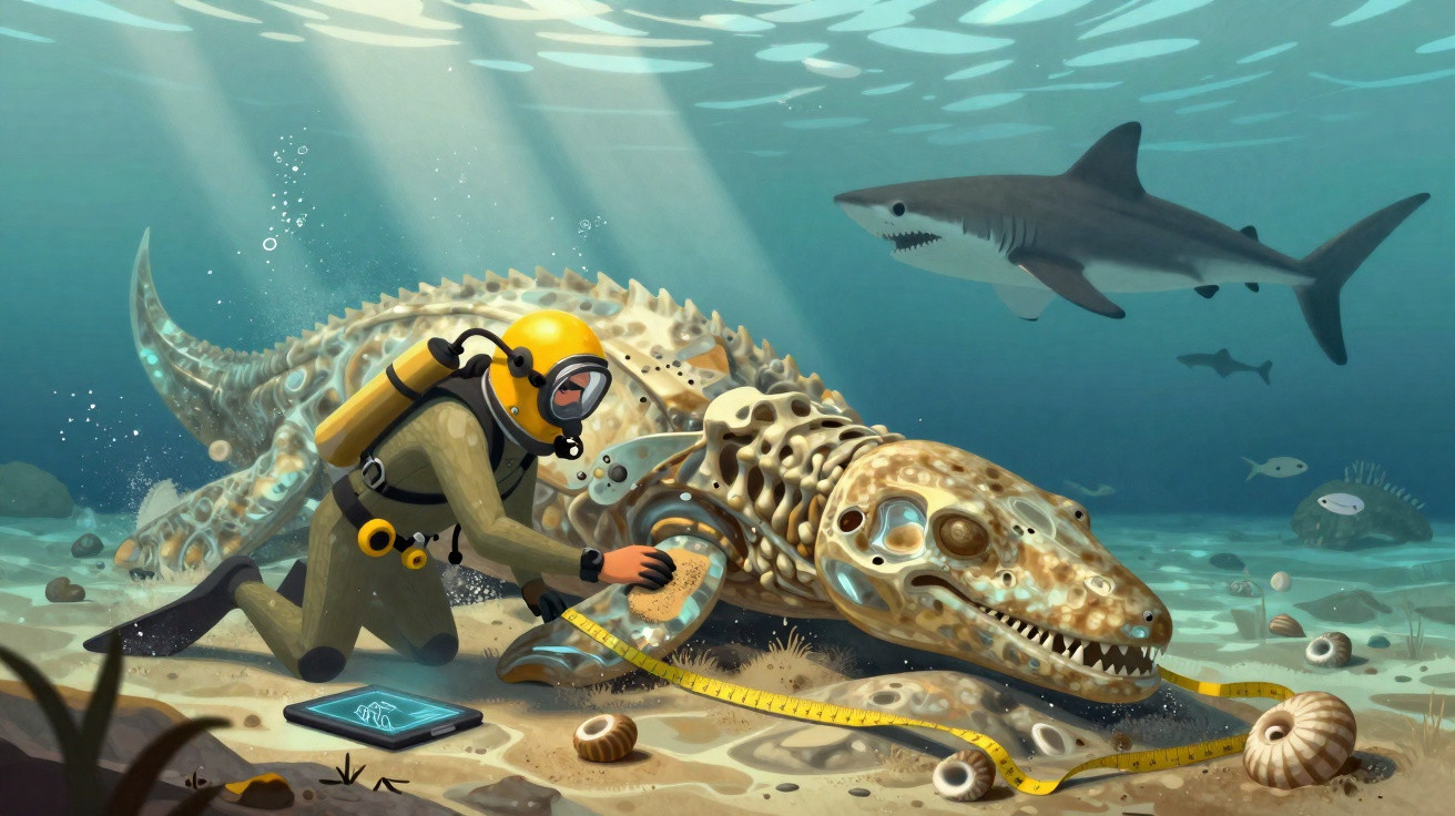Mergulhador a medir fóssil gigante no fundo do mar com tubarão e peixes ao fundo.