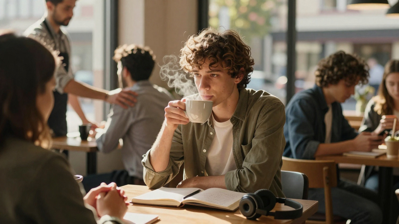 Jovem com cabelo encaracolado a beber café e ler num livro aberto numa cafetaria iluminada pelo sol.
