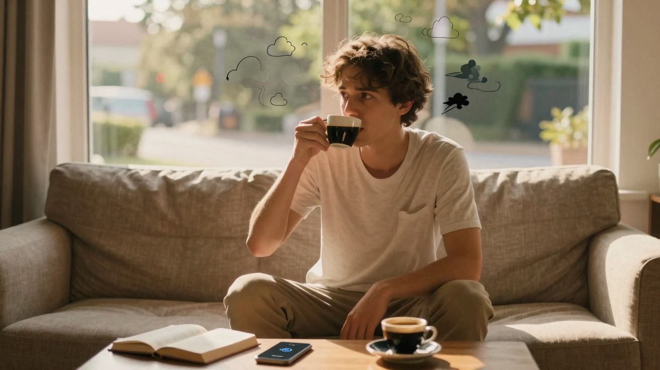 Homem sentado no sofá a beber café, com livro e telemóvel numa mesa à frente, junto a uma janela iluminada.