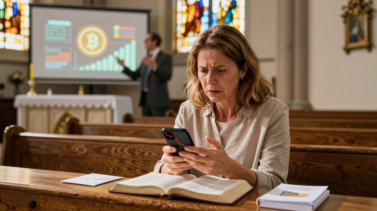 Mulher preocupada usa telemóvel sentada numa igreja com Bíblia aberta e apresentação sobre bitcoin ao fundo.