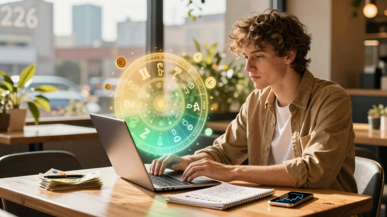 Jovem a usar portátil com símbolos astrológicos digitais a flutuar numa mesa de trabalho luminosa.
