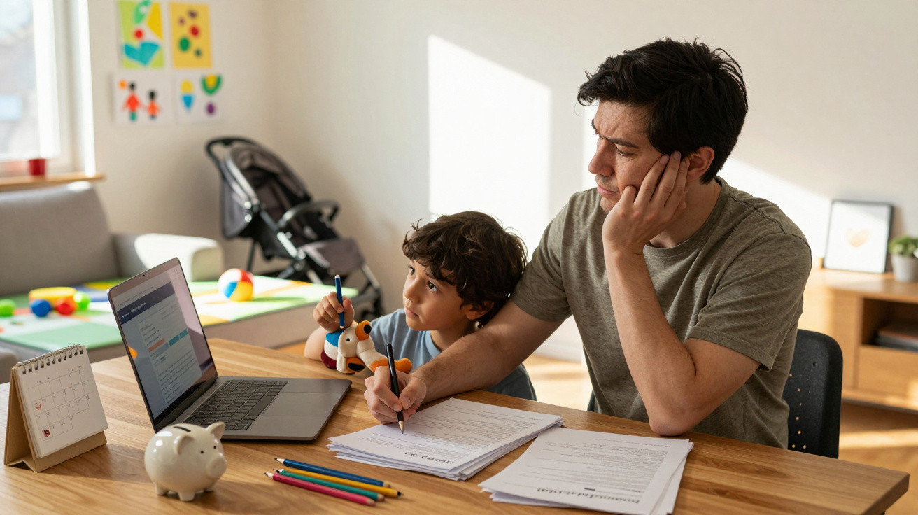 Pai trabalha em casa concentrado enquanto filho pequeno desenha ao seu lado numa mesa com computador e documentos.